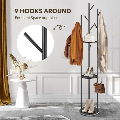 9 Hook Coat Rack Clothes Metal Tree Stand Hat Bag Hanger Holder Closet Black