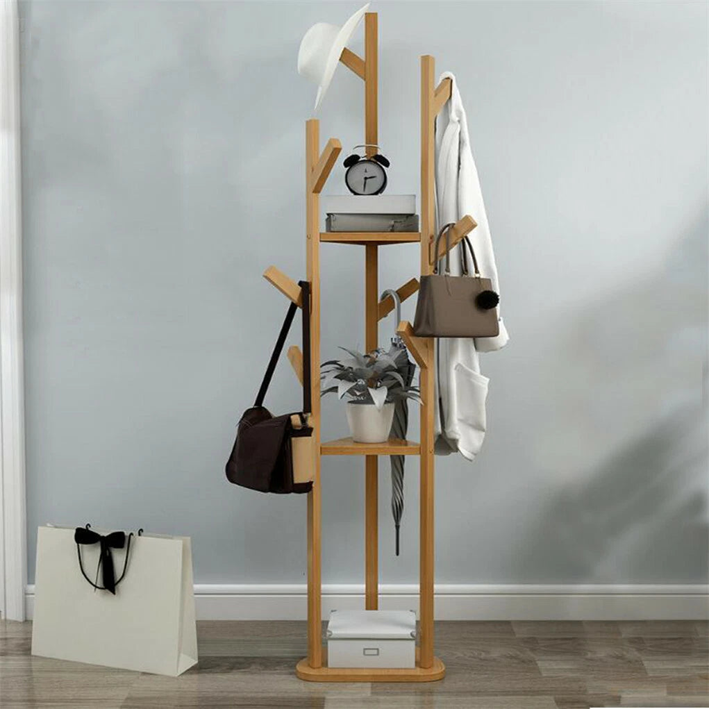 165cm Bamboo Clothes Tree Stand with Shelf Tripod Base