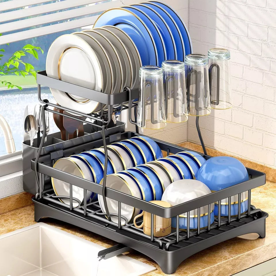 Dish Drying Rack with Cup Holder Tray Kitchen Organiser