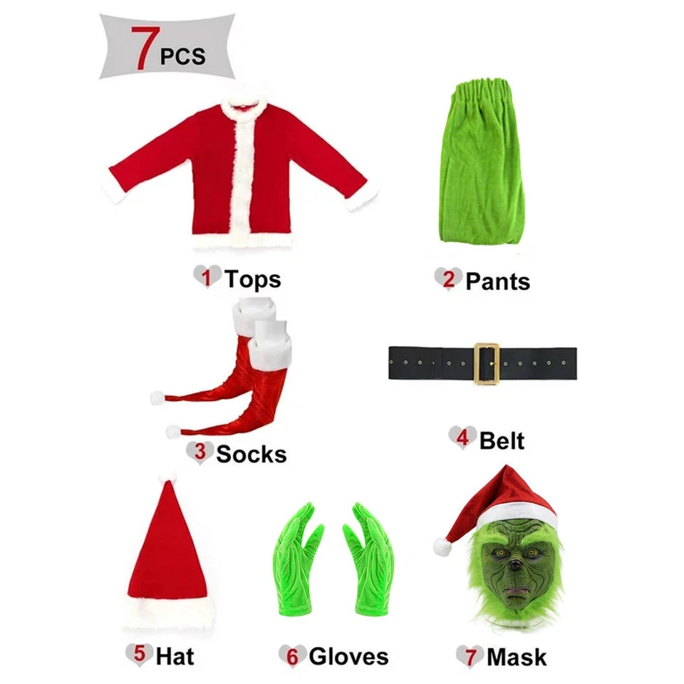 7Pcs Adults The Grinch Costume Xmas Party