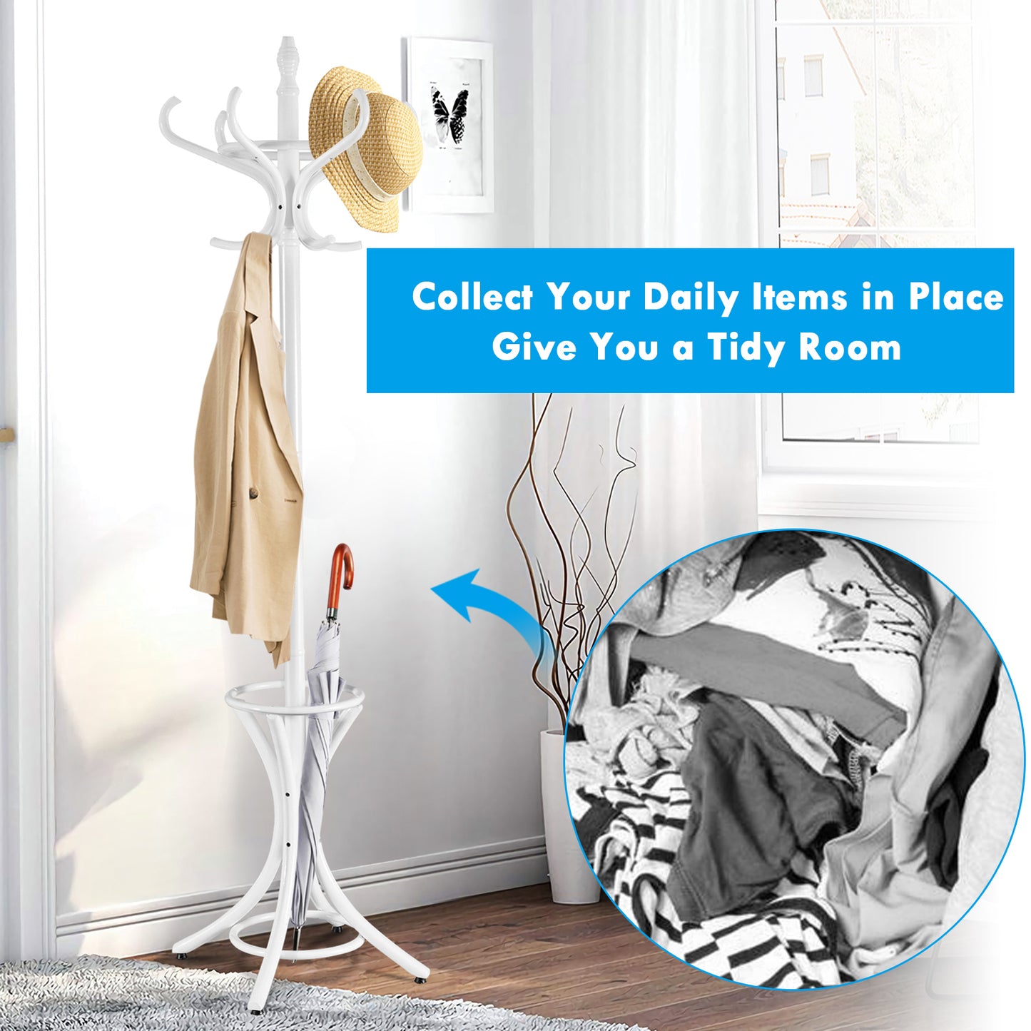 12 Hooks Wooden Stand Clothes Hat Bag Hanger w/Umbrella