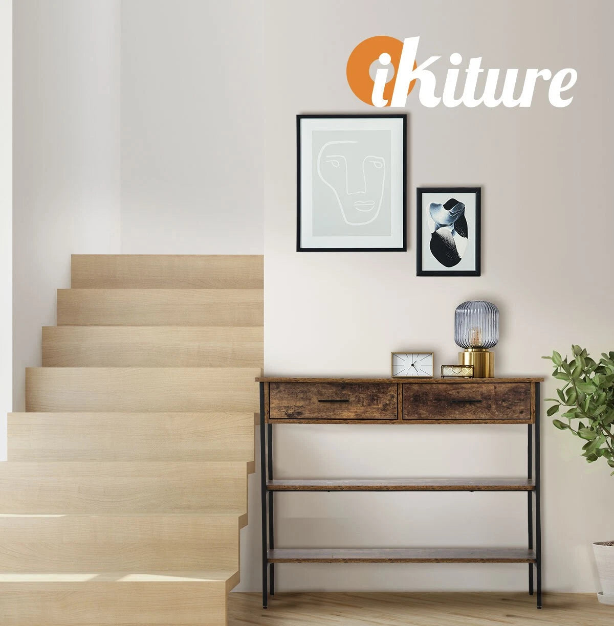 3-Tier Console Table Wood Sofa Table with 2 Drawers