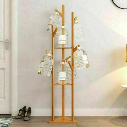 165cm Bamboo Clothes Tree Stand with Shelf Tripod Base