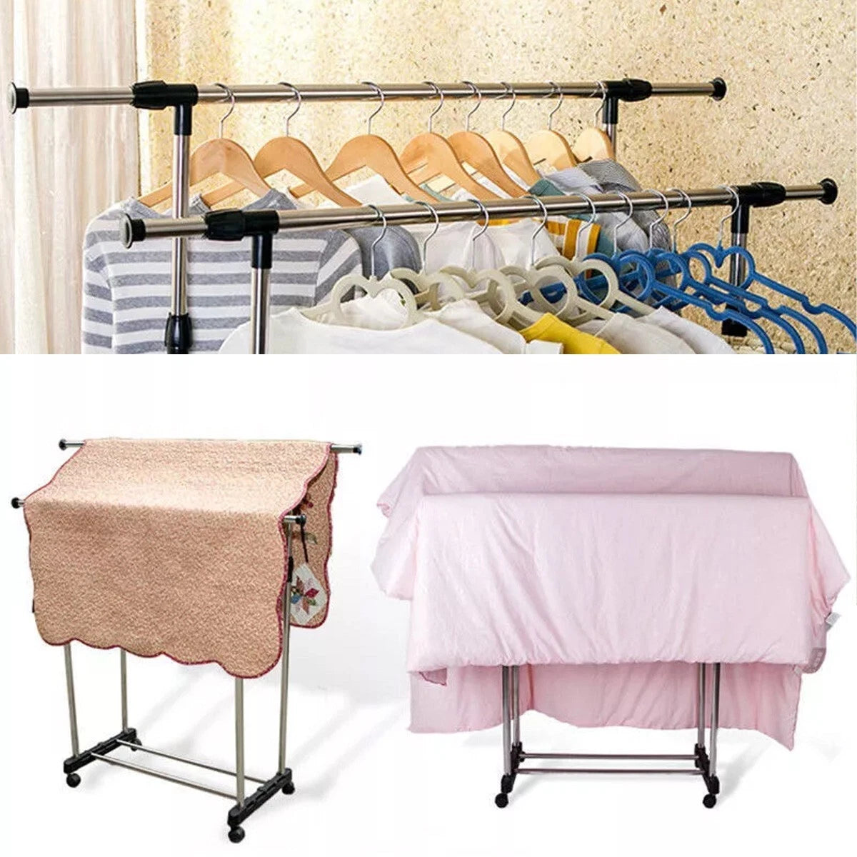 Adjustable Double Clothes Rack Stainless Steel