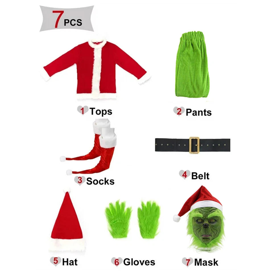 7Pcs Adults The Grinch Costume Xmas Party