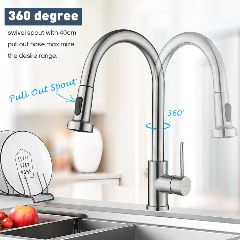 Kitchen Mixer Tap pull out Brushed Nickel 360° Swivel 2-Mode Spray