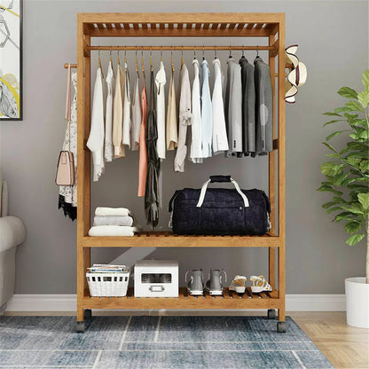 Heavy Duty Wooden Clothes Rail Rack Wardrobe w/ Wheels