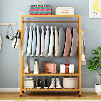 Heavy Duty Wooden Clothes Rail Rack Wardrobe w/ Wheels