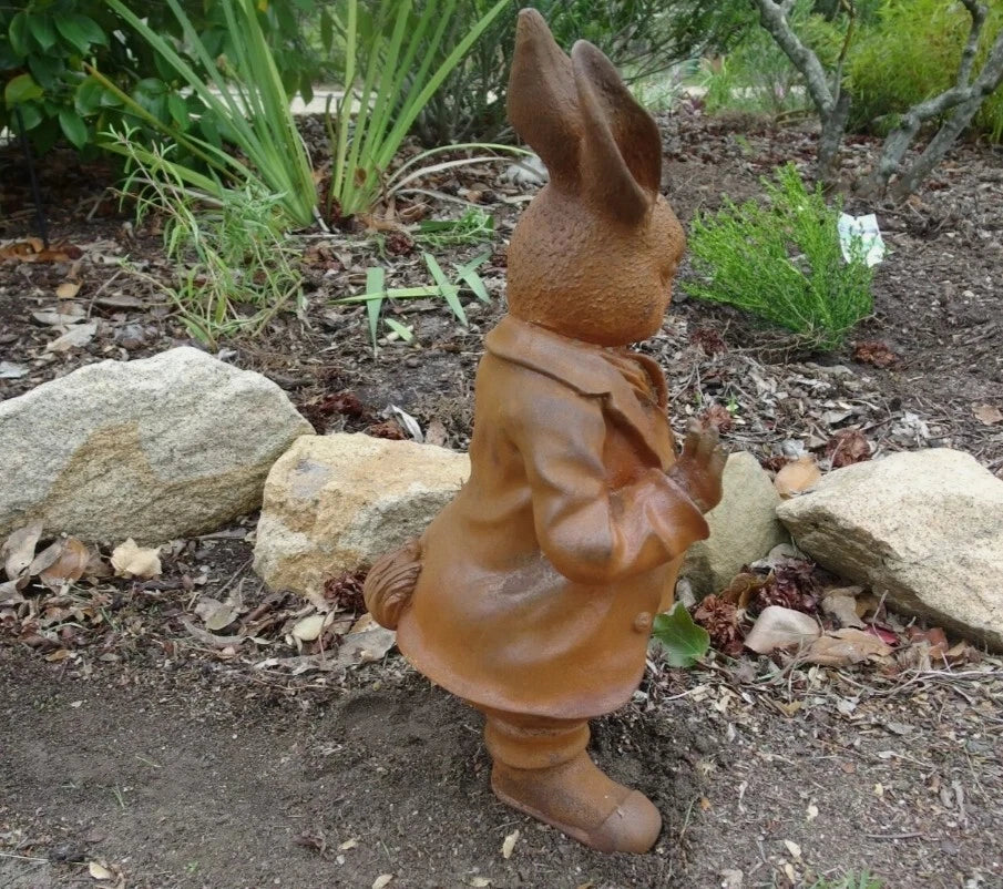 Rabbit Bunny Statue Rusty Cast Iron Garden Sculpture