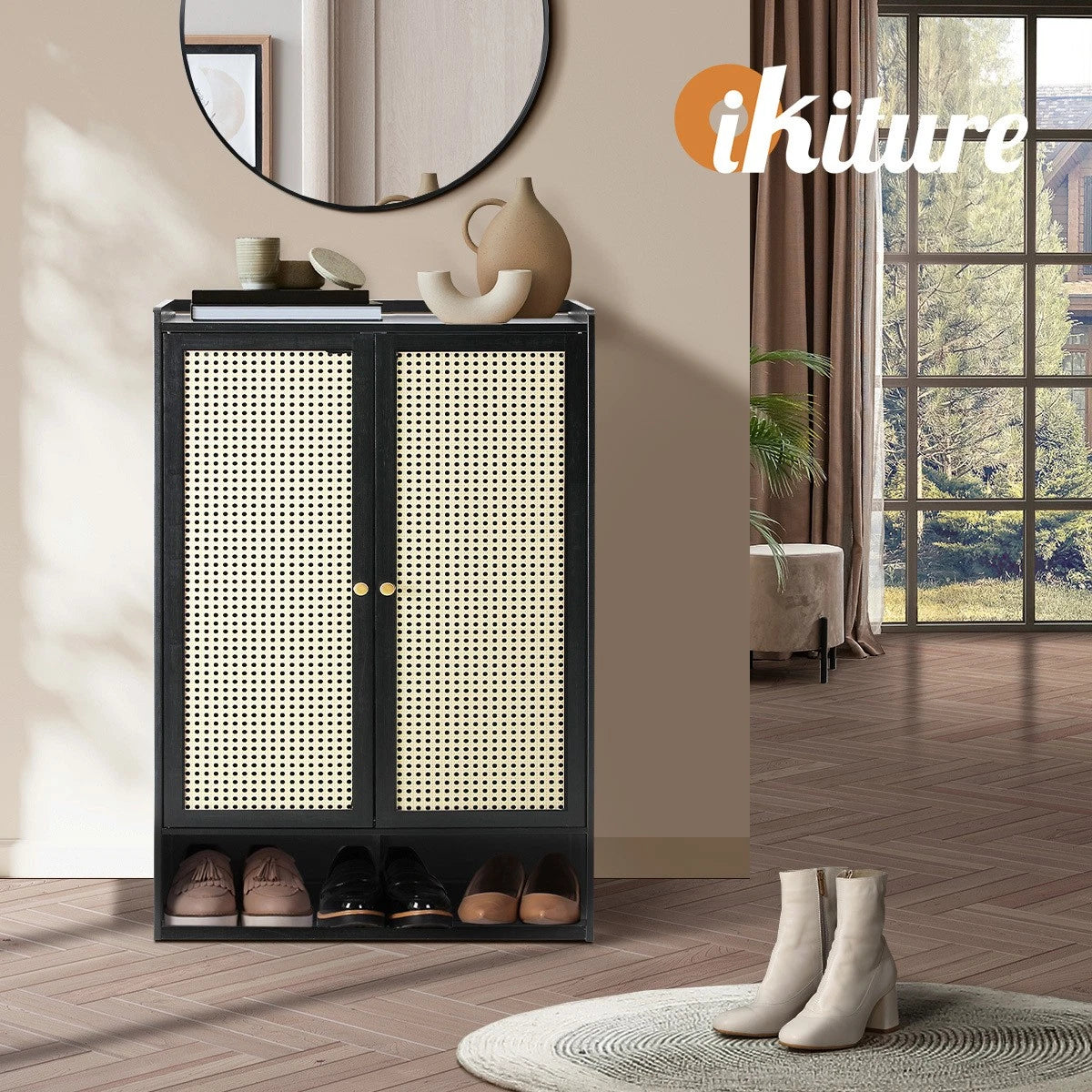2 Doors Rattan Black Shoe Cabinet