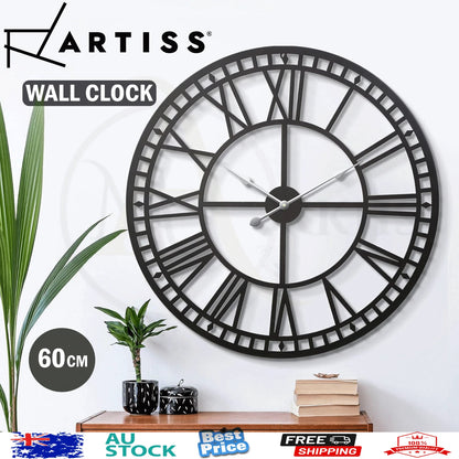 60CM Large Wall Clock Romans Numerals Round Metal Luxury Home Decor Black