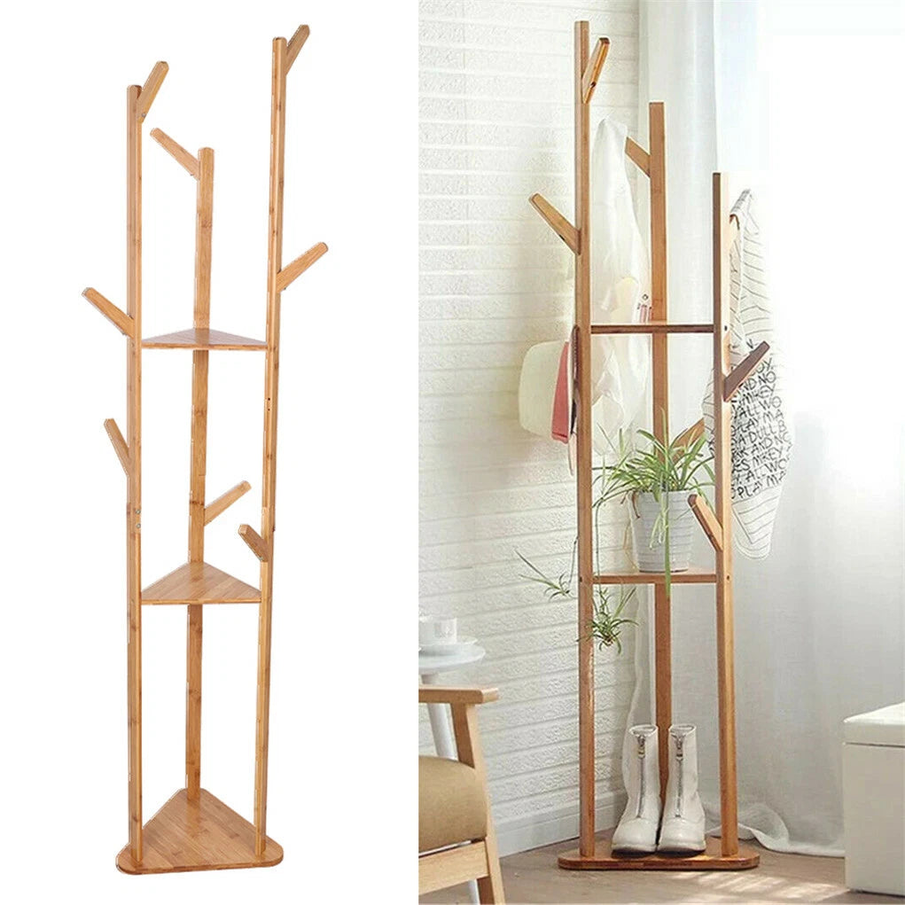 165cm Bamboo Clothes Tree Stand with Shelf Tripod Base