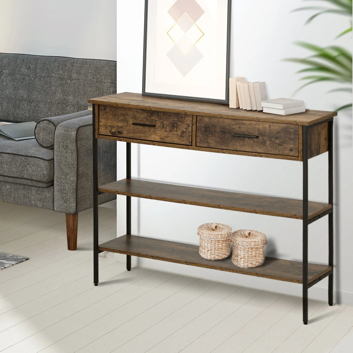 3-Tier Console Table Wood Sofa Table with 2 Drawers