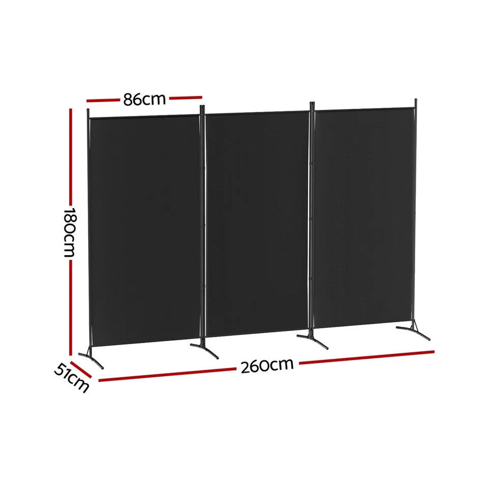 3 Panel Black Room Divider Screen 260 x 180cm Fabric