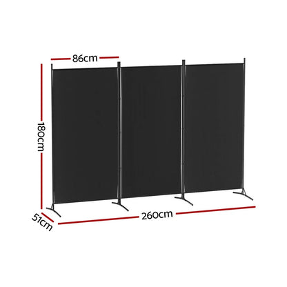 3 Panel Black Room Divider Screen 260 x 180cm Fabric