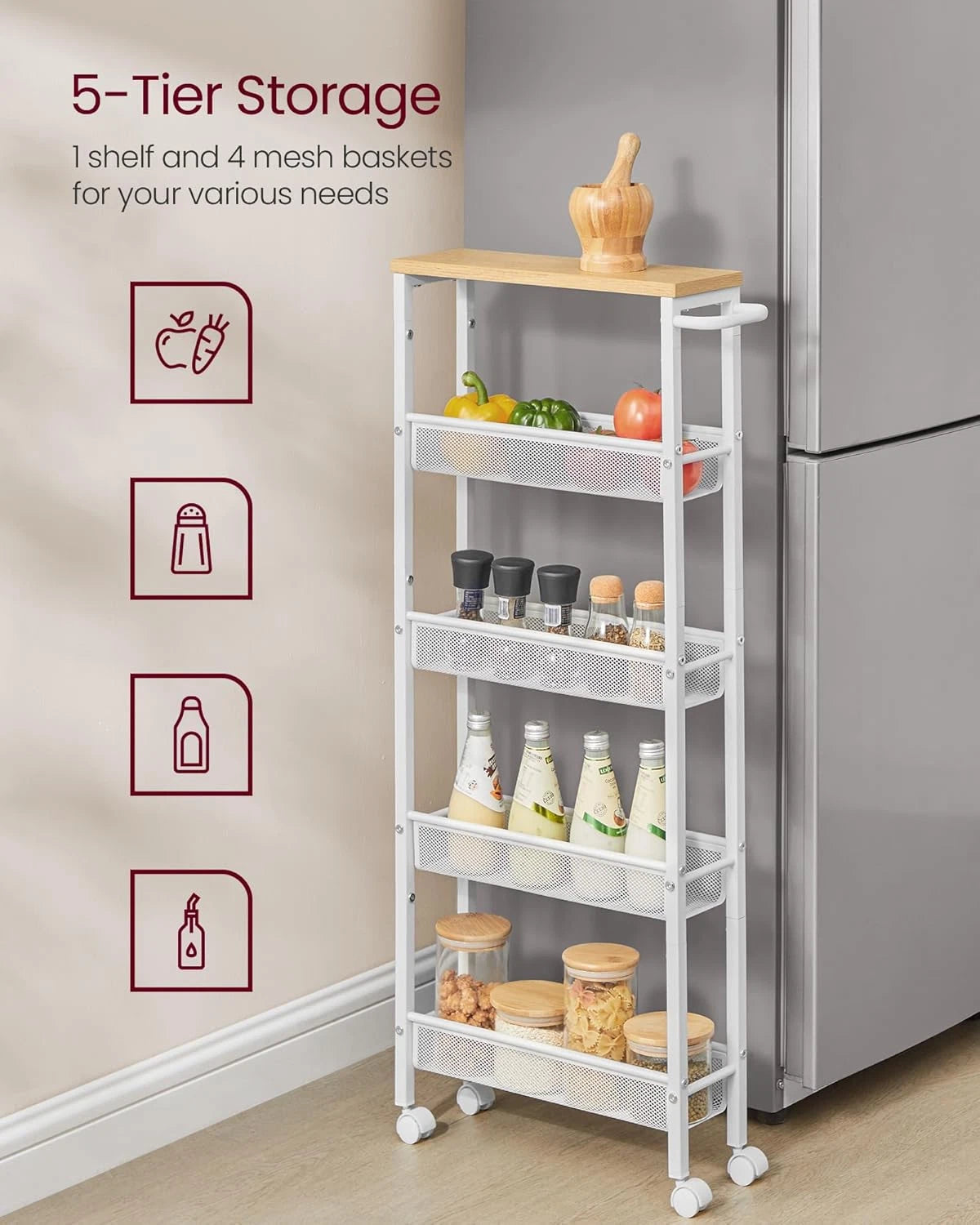 Slim Rolling Cart, 5-Tier Storage Cart, Narrow Cart with Handle