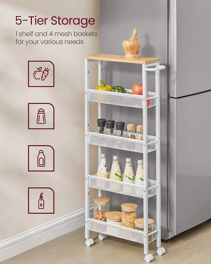 Slim Rolling Cart, 5-Tier Storage Cart, Narrow Cart with Handle