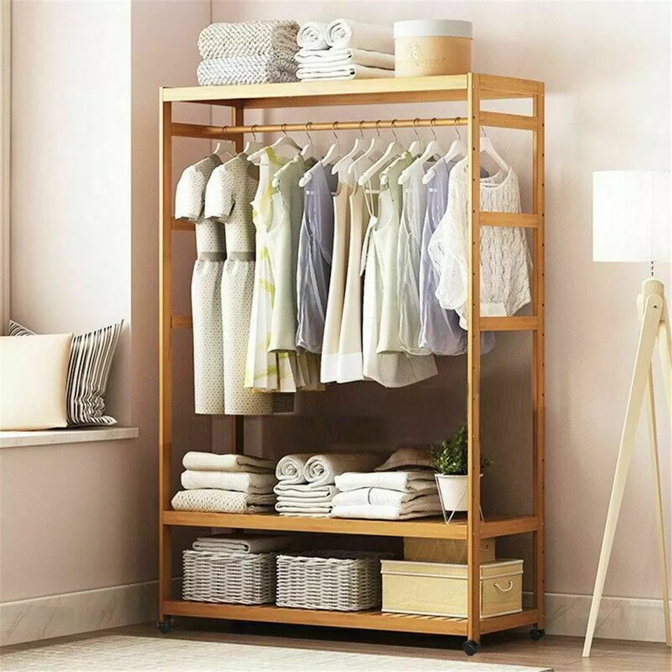 Heavy Duty Wooden Clothes Rail Rack Wardrobe w/ Wheels