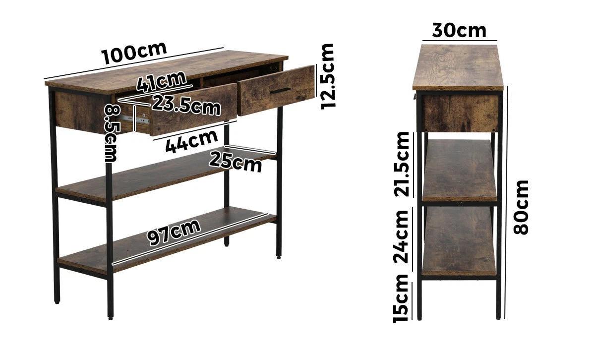 3-Tier Console Table Wood Sofa Table with 2 Drawers