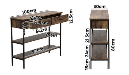 3-Tier Console Table Wood Sofa Table with 2 Drawers
