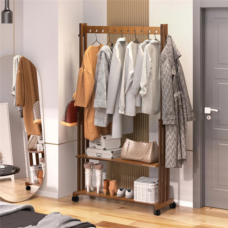 Wooden Clothes Rail Rack Garment Shoe Stand Open Wardrobe