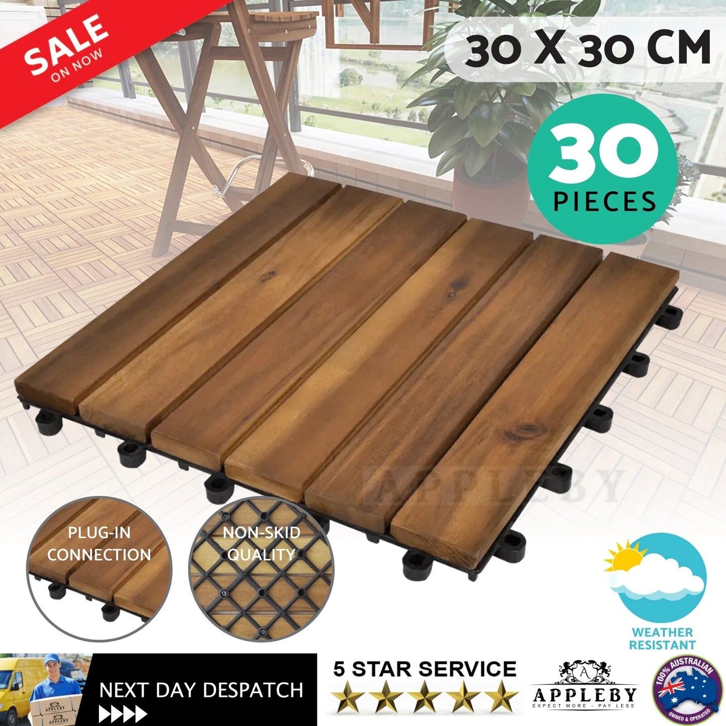 Set of 30 Decking Tiles Vertical Pattern 30 x 30 cm Acacia Hardwood Floor Tile