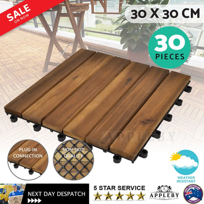 Set of 30 Decking Tiles Vertical Pattern 30 x 30 cm Acacia Hardwood Floor Tile