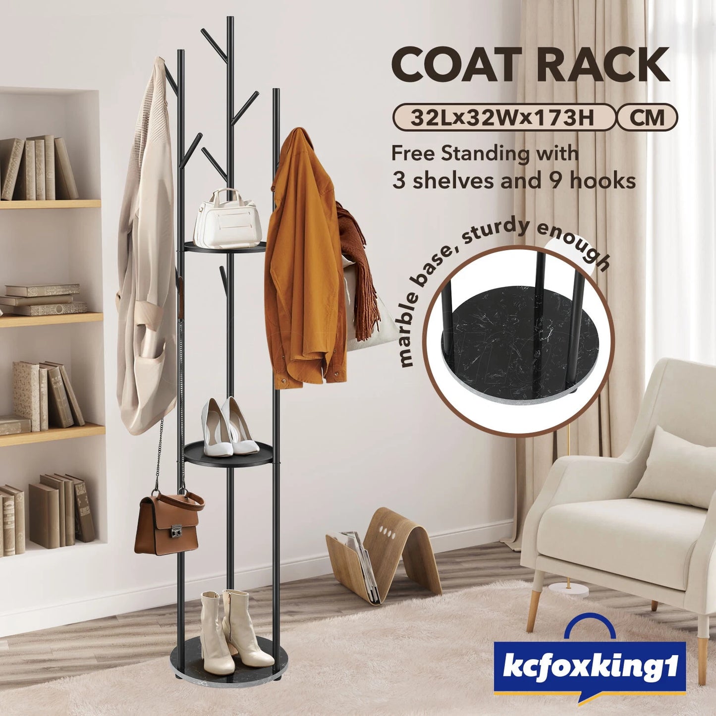 9 Hook Coat Rack Clothes Metal Tree Stand Hat Bag Hanger Holder Closet Black