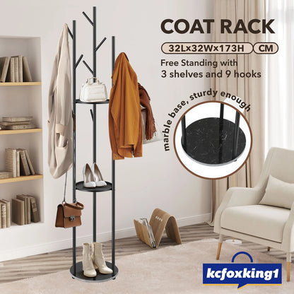 9 Hook Coat Rack Clothes Metal Tree Stand Hat Bag Hanger Holder Closet Black
