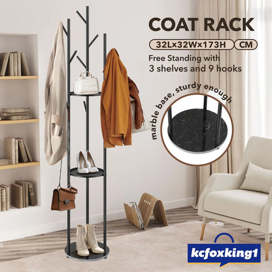 9 Hook Coat Rack Clothes Metal Tree Stand Hat Bag Hanger Holder Closet Black